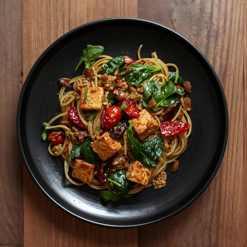 Pâtes lentilles corail aux tomates confites, épinards et tofu fumé - Vite & Gourmand