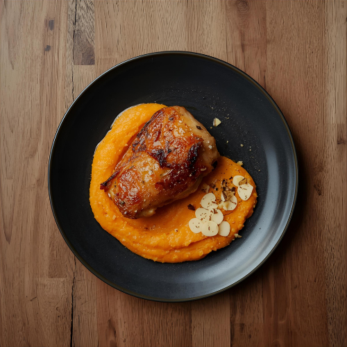 Filet de volaille rôti, purée de patate douce au lait d’amande - Vite & Gourmand